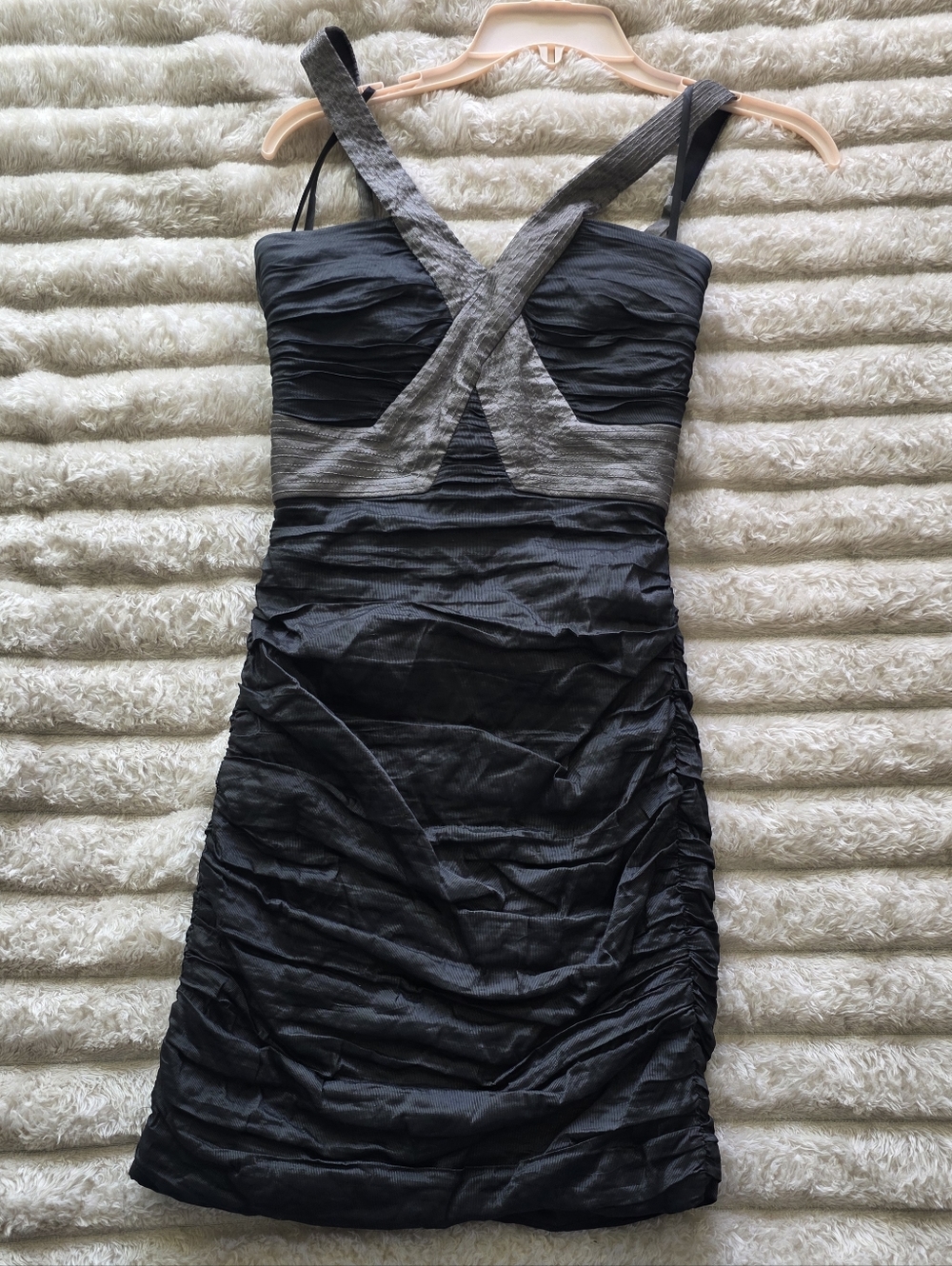 BCBGMaxazria Dark Grey Crisscross Strap Cocktail Mini Dress